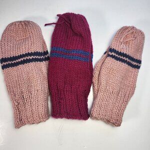 Hand Knit Mittens Lot of 3 Womens 8.5" - 10" Long Pink with Blue